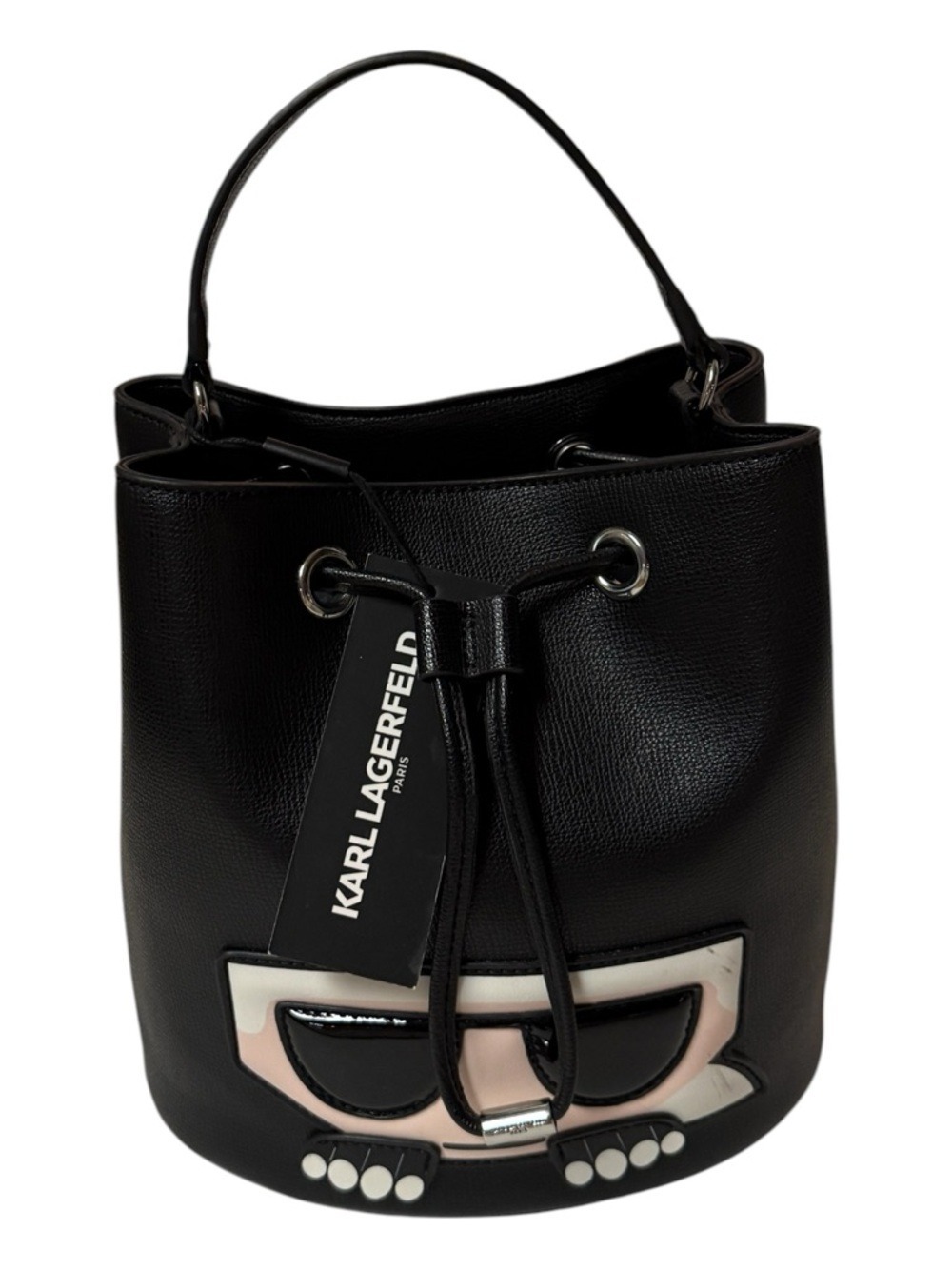 Karl Lagerfeld Black Faux Leather Bucket Bag With Drawstring.